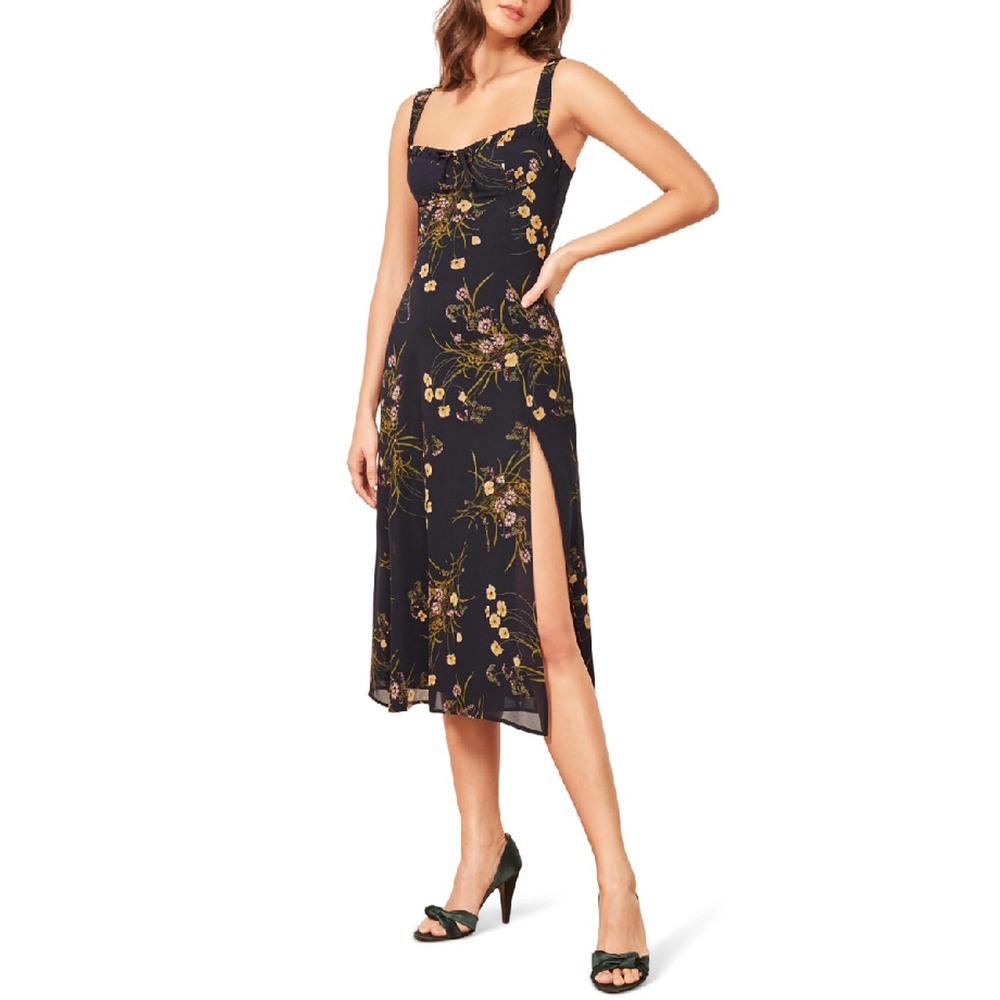 Reformation Women's Peridot Midi Dress Mademoiselle Navy Blue Floral Side Slit 8